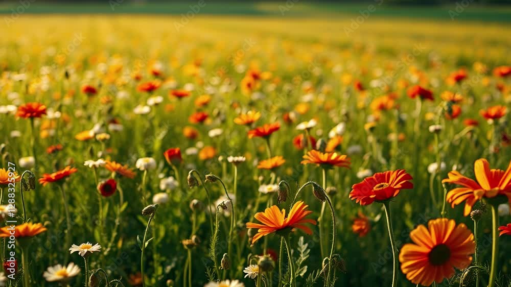 A sunlit meadow glows with vibrant wildflowers in shades of orange, red, and white. A sunlit meadow glows with vibrant wildflowers in shades of orange, red, and white.