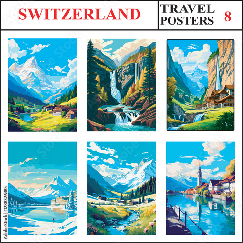 Switzerland Engelberg Foroglio Falls Lauterbrunnen Travel Poster Wall Art Print Collection Set 8