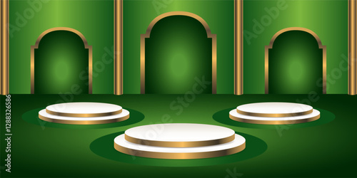 Realistic 3D green and gold podium background with set of  Arabic style windows. Architectural design elements for Muslim holidays. Vector illustration.