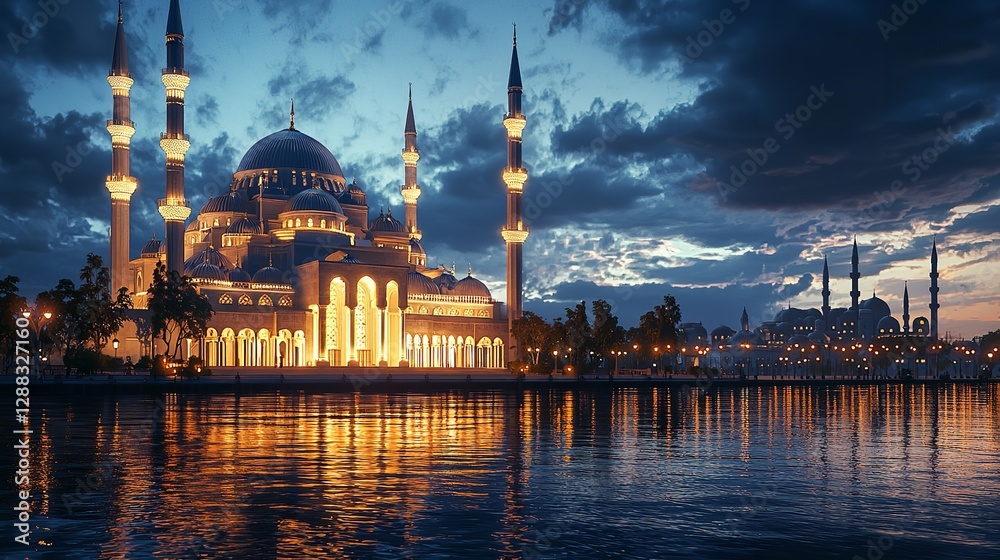 Obraz premium Majestic Mosque at Dusk: A Digital Art Depicting Illuminated Mosque with Minarets, Reflected in Water, Under a Dramatic Sky for Islamic Architecture, Spiritual Themes, and Cultural Representation