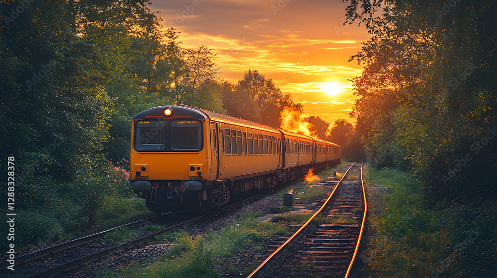 Obraz premium Train Sunset Forest Tracks
