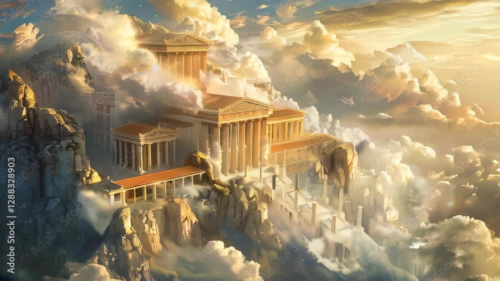 Mount Olympus, the magnificent house of the Greek gods, surrounded by clouds