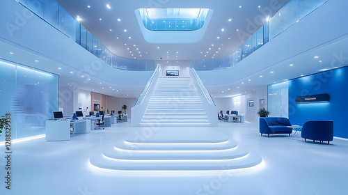 Photo Modern Office Interior Design White Staircase Blue Accents