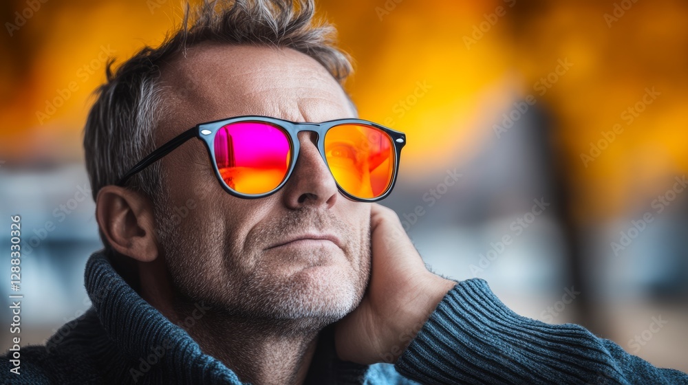 Man wearing sunglasses and a sweater. He is looking at the camera. The sunglasses are red and black Man wearing sunglasses and a sweater. He is looking at the camera. The sunglasses are red and black