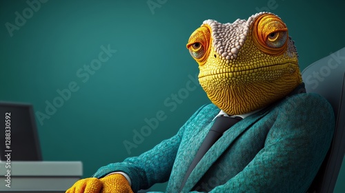 Fototapeta Naklejka Na Ścianę i Meble -  Frog wearing a suit and tie sits at a desk with a laptop. The frog has a serious expression on its face, and it is working. Concept of professionalism and focus