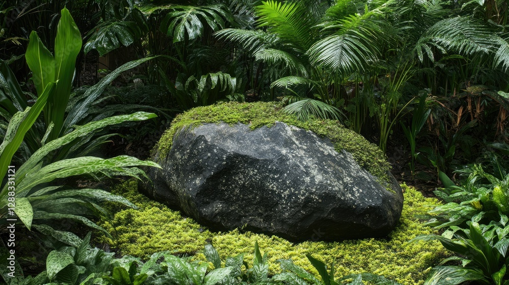 Fototapeta premium A beautiful moss-covered rock nestled within a tropical landscape, surrounded by ferns and exotic plants in a rainforest garden.