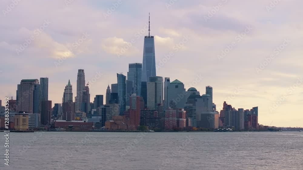Aerial view revealing Jersey City skyline glowing at dusk, silhouetted skyscrapers including Goldman Sachs Tower bordering shimmering waterfront landscape Aerial view revealing Jersey City skyline glowing at dusk, silhouetted skyscrapers including Goldman Sachs Tower bordering shimmering waterfront landscape