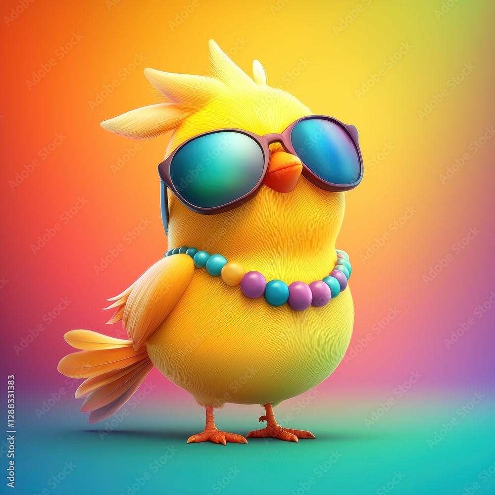 Fototapeta premium Y2K concept. A stylish yellow bird wearing sunglasses and a colorful necklace, posing against a vibrant gradient background, exuding a fun and playful vibe.