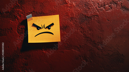 A yellow sticky note with an angry face drawn on it is attached to a textured red wall, symbolizing frustration or negative emotions in a visual and expressive manner. photo