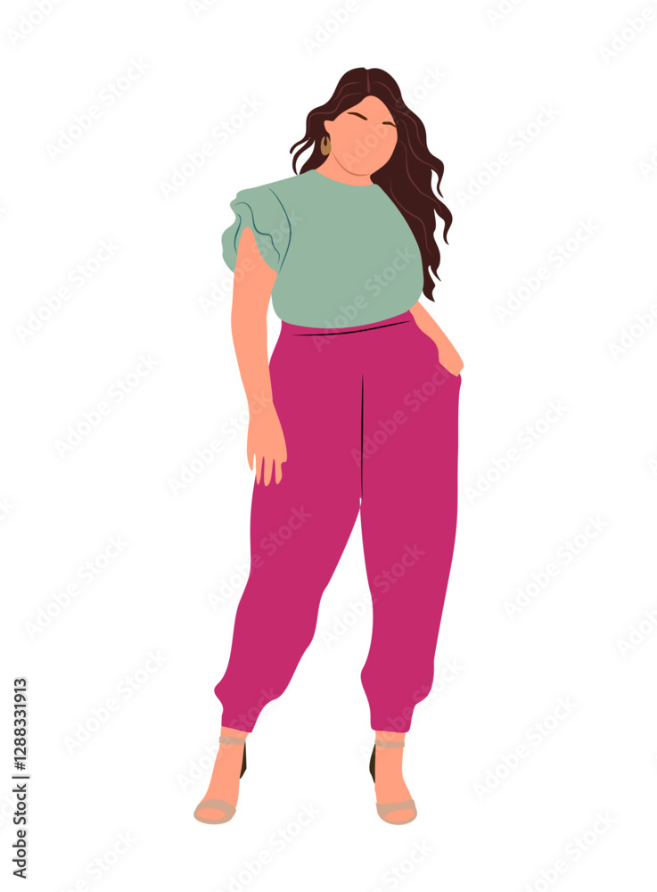 Modern woman in stylish smart casual spring summer outfit. Pretty curvy girl wearing pants and blouse. Vector flat cartoon realistic illustration Isolated Modern woman in stylish smart casual spring summer outfit. Pretty curvy girl wearing pants and blouse. Vector flat cartoon realistic illustration Isolated