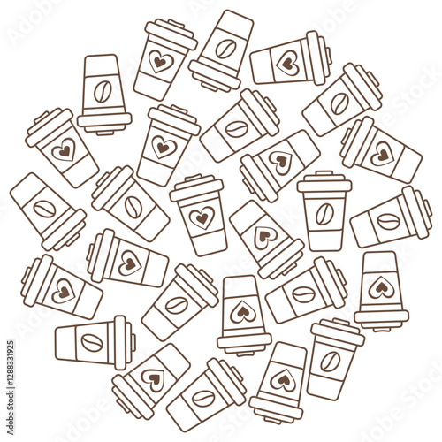 Disposable cups Hearts or coffee bean on label Circle Coffee Day greeting background Texture concept
