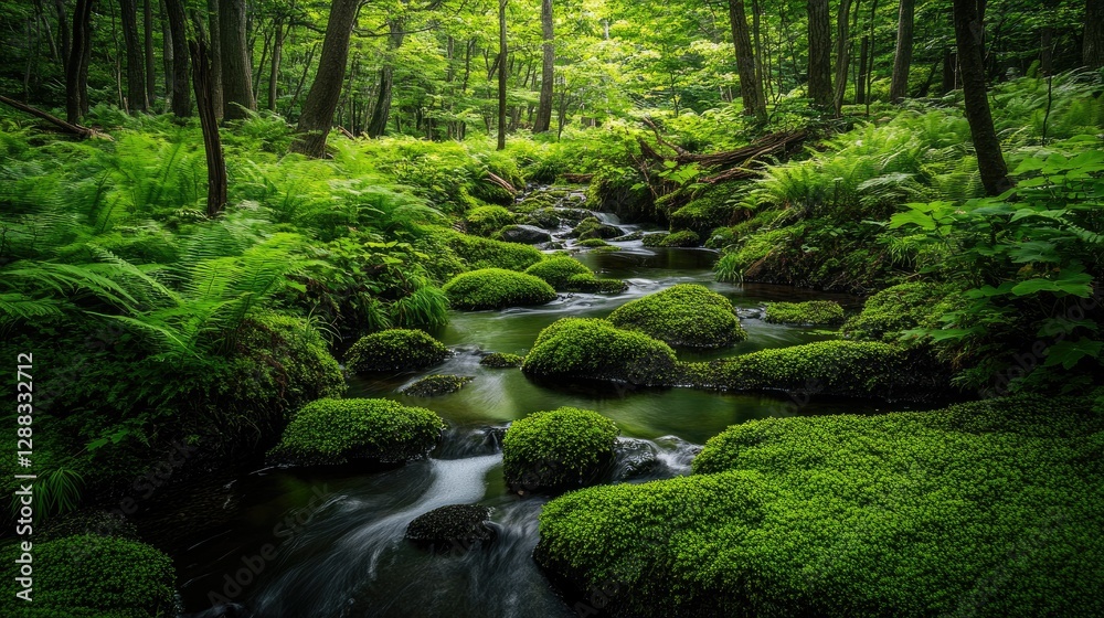 Obraz premium A hidden nature spot in Japan, where a cool brook winds through a thick carpet of vibrant ferns and moss.