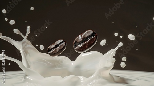 Two Coffee Beans Thrown into Milk Captured in High-Speed, Showcasing Vibrant Colors and Intricate Details, Offering a Hyper-Realistic Visual Experience in 2K Resolution.