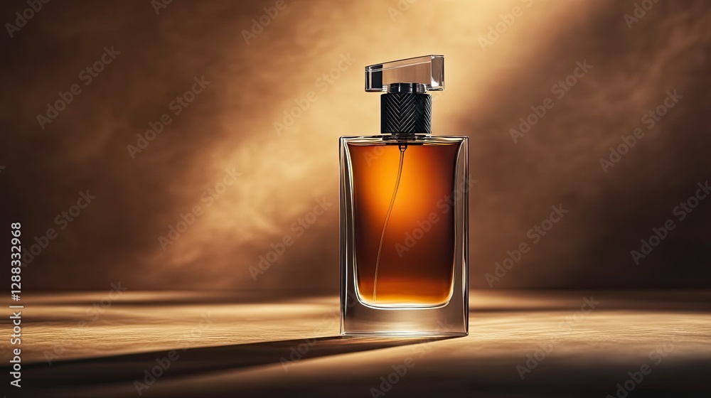 A high-end men's fragrance bottle with a modern design, set against a soft-focus brown background, perfect for product placement. A high-end men's fragrance bottle with a modern design, set against a soft-focus brown background, perfect for product placement.