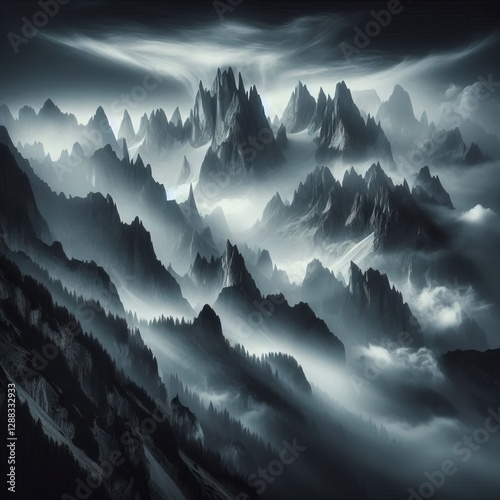 Veil of Avalon Mythical peaks cloaked in a silvery fog reminisce