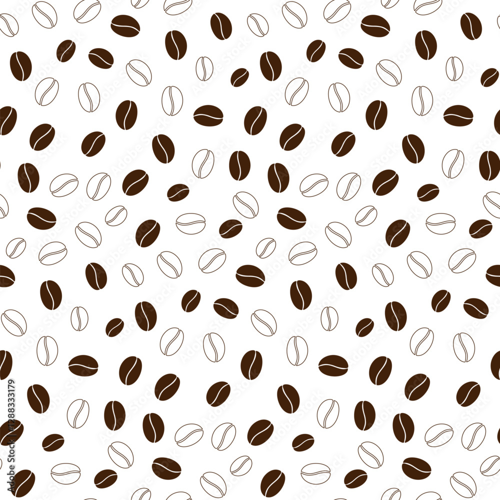 Obraz premium Coffee beans Outline and fill grains Seamless Pattern Monochrome dark brown Coffee bean Day backdrop