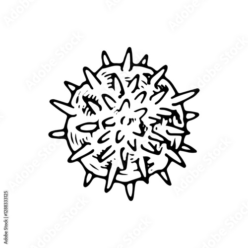 Vector illustration of the Herpes virus in black and white. Hand drawn isolated object of viral cell, for medical, microbiology, and healthcare designs related to infection and disease prevention