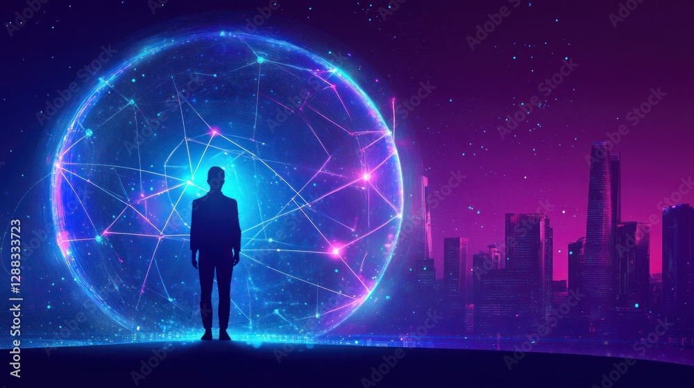 Silhouette of a Man Contemplating a Futuristic Network Globe Over a Neon Cityscape Silhouette of a Man Contemplating a Futuristic Network Globe Over a Neon Cityscape