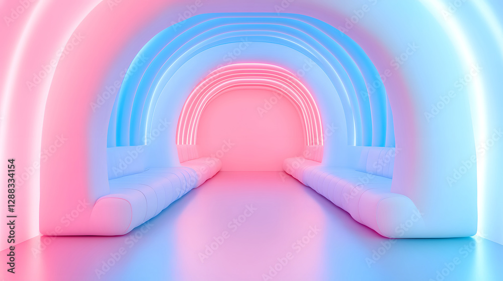Obraz premium 3D rendering of sci-fi stretch background with geometric tunnel and neon lines, 3d rendering concept illustration