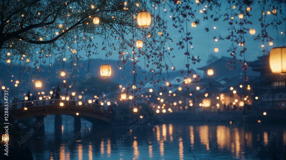 Naklejka premium A cinematic scene of a Japanese town celebrating Tanabata, with bridges and trees draped in paper wishes, glowing fairy lights wrapped around bamboo stalks