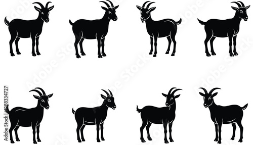 Goat Silhouette. Goat vector shilhouette bundle. Goat Set Icon. Vector Goat Silhouette Isolated On White.