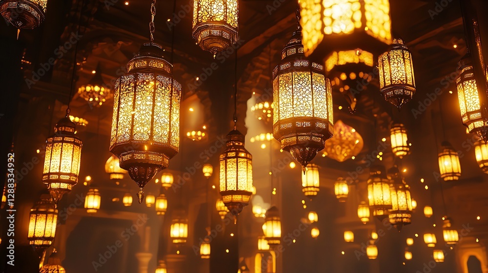 Obraz premium Ramadan Lanterns Glow: A Digital Art Depicting Festive Ramadan Atmosphere with Traditional Lanterns, Warm Lighting, and Cultural Celebration for Islamic Holidays and Spiritual Themes