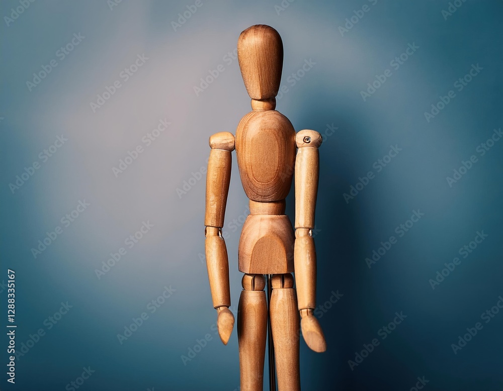 Wooden mannequin stands against a blue backdrop in an artist's studio for creative inspiration Wooden mannequin stands against a blue backdrop in an artist's studio for creative inspiration