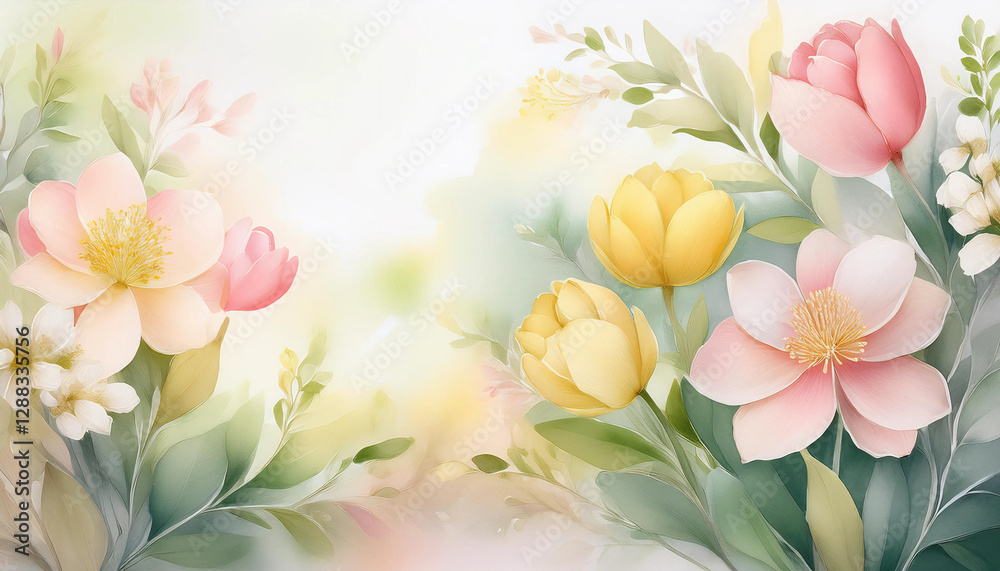 Obraz premium Elegant spring flyer backgroundwith a subtle watercolor effect. Soft pink, yellow, and green tones blending seamlessly