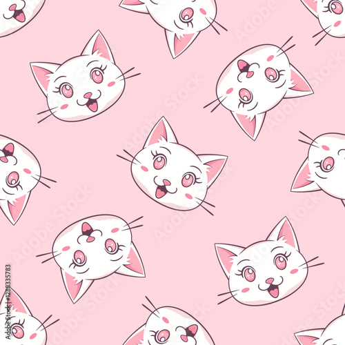 Wallpaper Mural White kawaii cats on pink background. Vector seamless pattern.  Torontodigital.ca