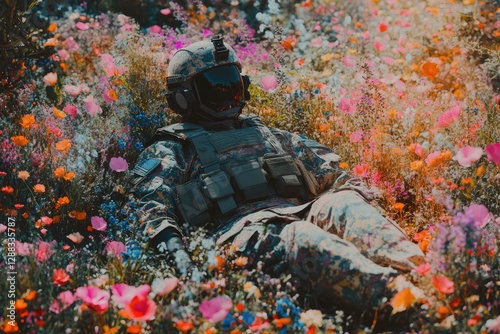 A Soldier In Camouflage Reclines Amidst Colorful Blooming Flowers