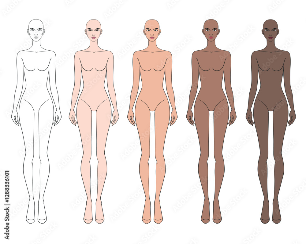 Colored skin tones fashion croquis figurines with bald woman in vector. Colored skin tones fashion croquis figurines with bald woman in vector.