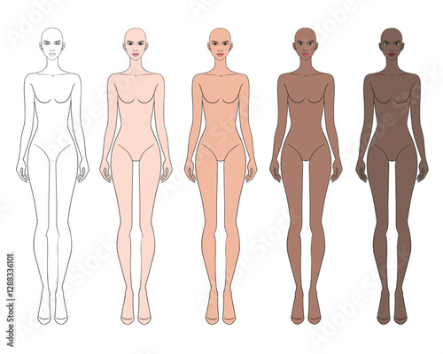 Colored skin tones fashion croquis figurines with bald woman in vector.