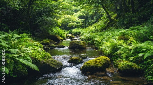 A picturesque Japanese brook winding through a lush forest, framed by rich green ferns and mossy rocks.