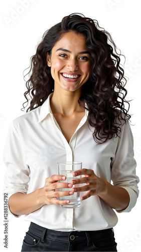 Smiling woman holding water isolated on transparent background. Young adult female portrait for health, wellness, beauty, and lifestyle projects.