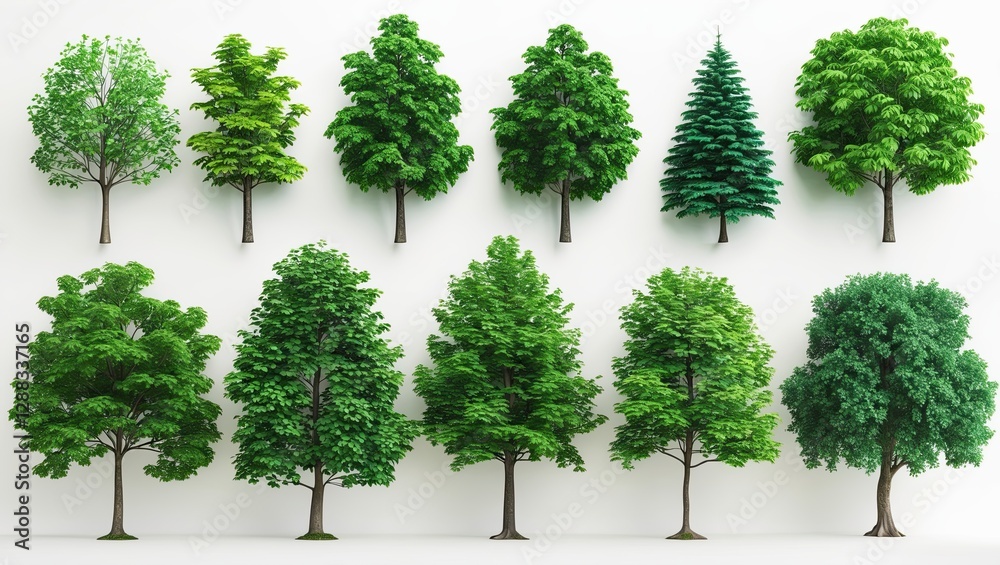 Fototapeta premium Collection of various green trees with distinct shapes and foliage displayed against a white background