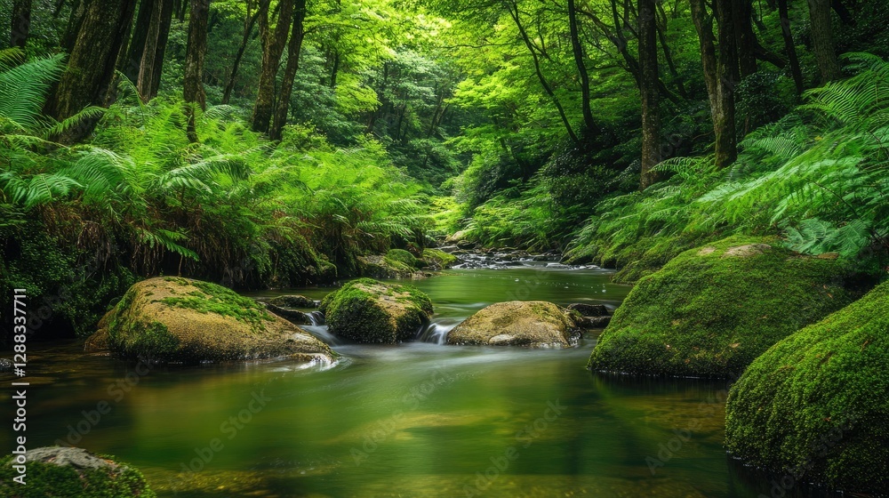 A tranquil Japanese brook meandering through a dense forest, surrounded by vibrant green ferns and moss-covered stones. A tranquil Japanese brook meandering through a dense forest, surrounded by vibrant green ferns and moss-covered stones.