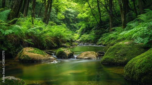 A tranquil Japanese brook meandering through a dense forest, surrounded by vibrant green ferns and moss-covered stones.