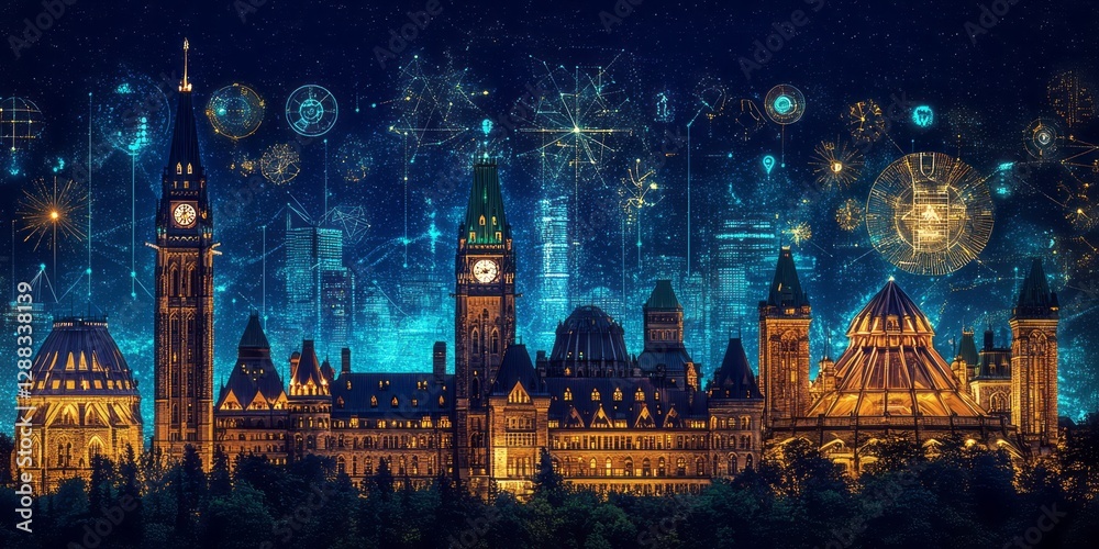 Fototapeta premium Illuminated parliament buildings stand against a digital network backdrop