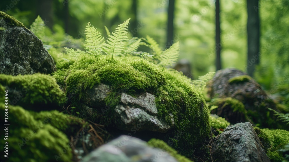 An enchanted woodland setting with bright green moss and ferns growing on rough, weathered stones. An enchanted woodland setting with bright green moss and ferns growing on rough, weathered stones.