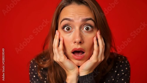 Surprised beautiful woman holding her cheeks by hand in amazement and open-mouthed. Happy young female model looks at camera as notices something unexpected hears good news. Oh! emoti