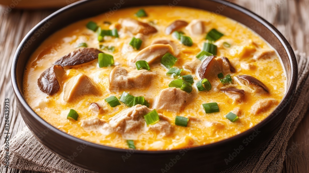 Close-up of a bowl of chawanmushi savory egg custard garnished with shiitake mushrooms, leaving room around for text.