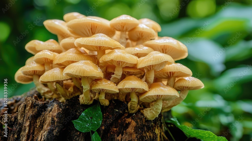 Close-up of a thriving honey mushroom colony on a decaying stump, their delicate stems curving toward the light. Close-up of a thriving honey mushroom colony on a decaying stump, their delicate stems curving toward the light.