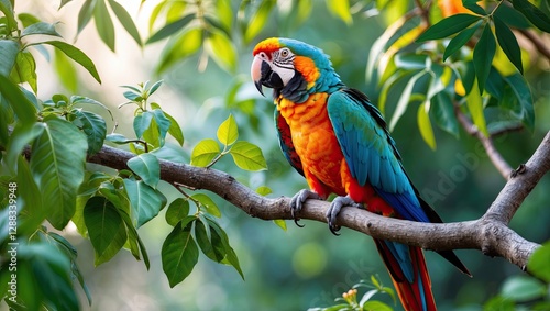 Vibrant macaw perched on a tree branch surrounded by lush green foliage, showcasing colorful plumage with an intricate blend of blue, green, orange