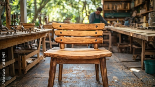 A carpenter cutting intricate patterns into a wooden surface with a scroll saw, surrounded by a clutter of tools and wood pieces in a bright workshop