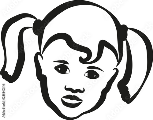 Girl with Pigtails Hand Drawn Face Portrait Illustration Vector