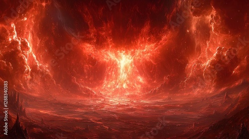 A dynamic abstract dust explosion with glowing scarlet and burnt orange particles erupting in every direction