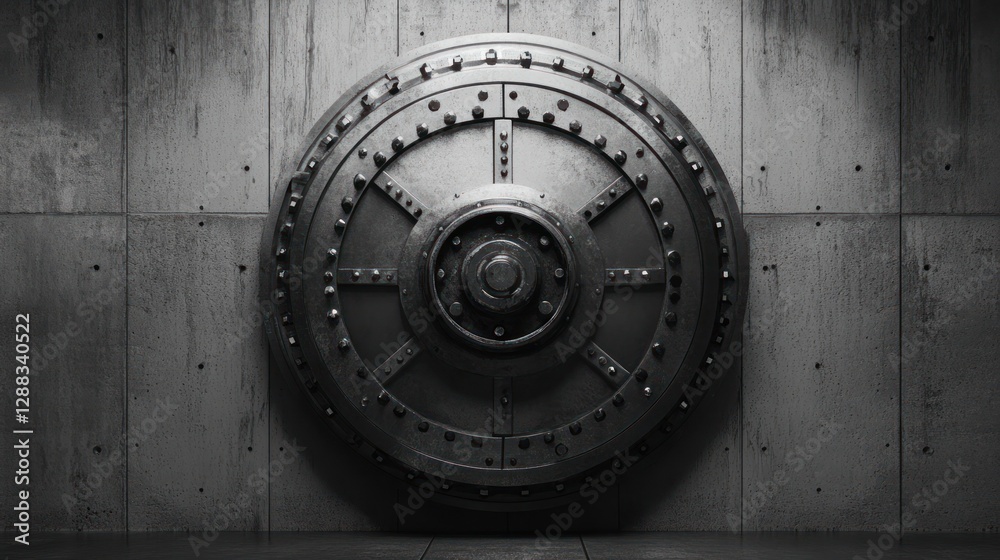 Large circular vault door on a concrete wall. Large circular vault door on a concrete wall.