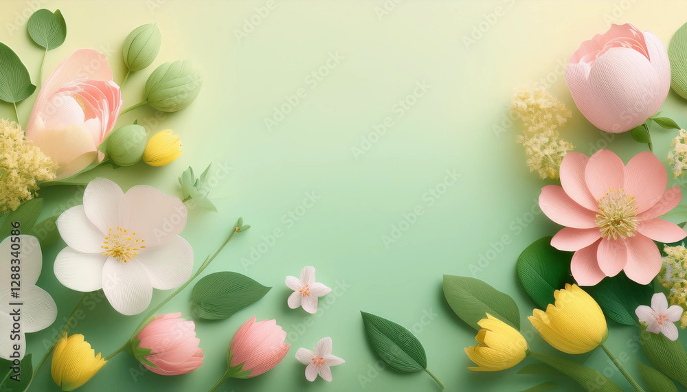 Modern flyer background with spring colors, including fresh green, pastel pink, and light yellow, featuring subtle floral details Modern flyer background with spring colors, including fresh green, pastel pink, and light yellow, featuring subtle floral details