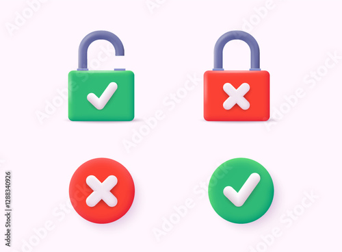 Right and wrong 3D buttons. Tick cross, red and green glossy round and square checklist icons. Check mark acceptance, X rejection button. 3D Web Vector Illustrations.