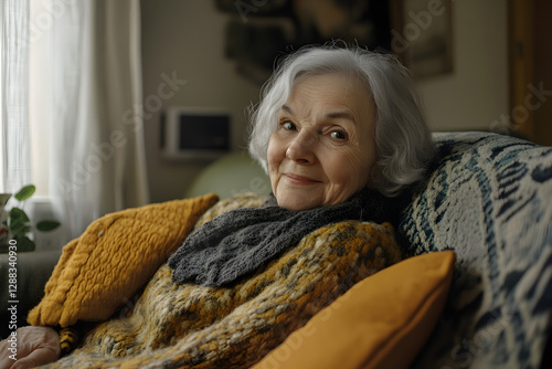Cheerful aged woman resting on couch with smile on her face, looking away feel happy, spending untroubled time at home, enjoy comfort and smart home climate control and silent domestic appliances